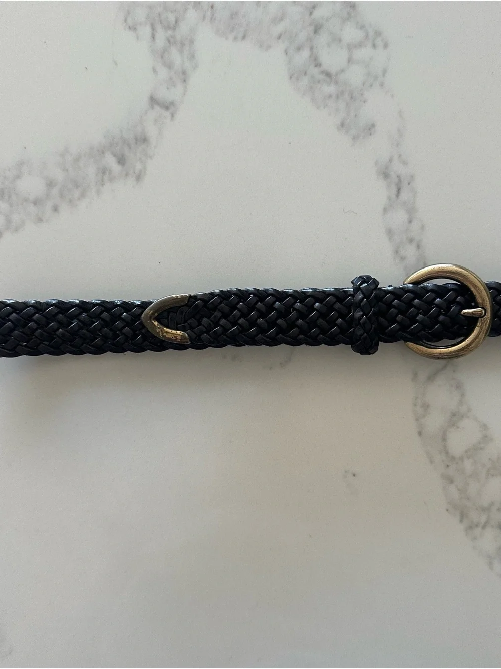 Vintage Talbots Narrow Braided Leather Belt Solid Brass Round Buckle Black Large